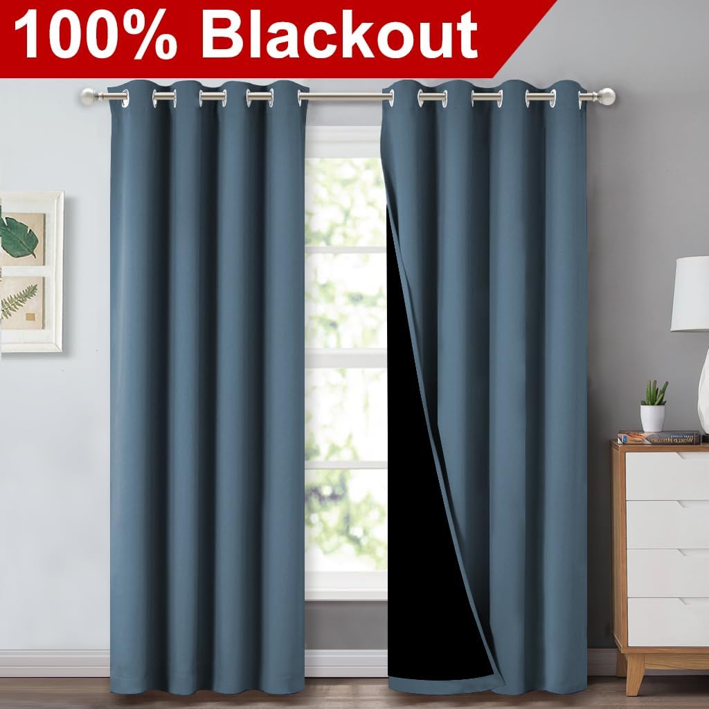 NICETOWN 100% Blackout Curtains 84 inches Long, Smoky Blue, 52 inches Wide, Pair of Energy Smart & Noise Blocking Out Drapes for Baby Room Window, Thermal Insulated Guest Room Lined Window Dressing
