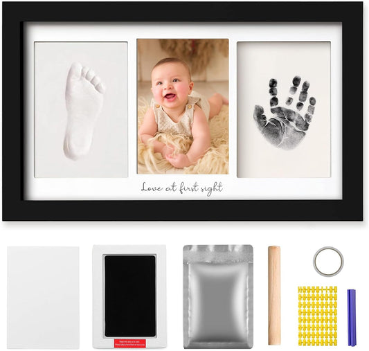 Baby Hand and Footprint Kit Keepsake Nursery Decor Picture Frame for New Mom Baby Boys Girls Shower Gifts Personalized Inkless & Clay Handprint Newborn Essentials Must Haves (Black)