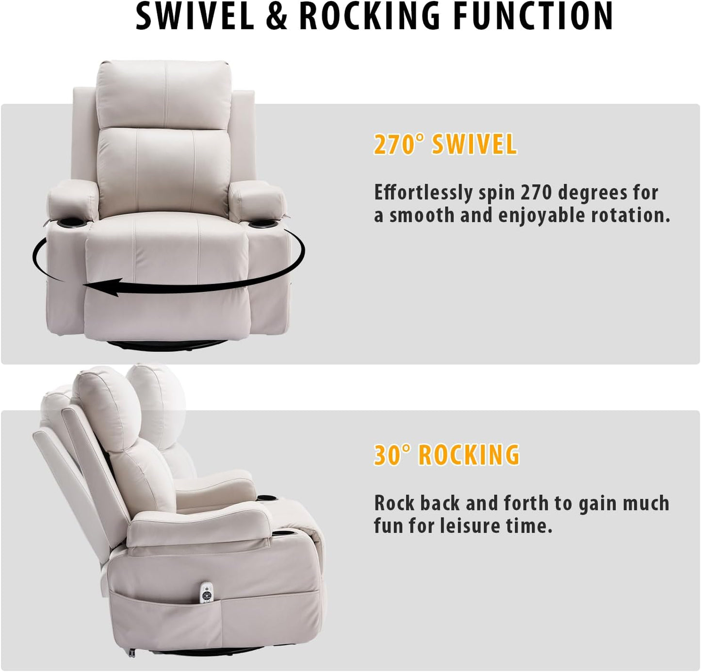 KCQ Electric Swivel Recliner Chair with Massage Heat Cup Holders Overstuffed PU Leather Power Rocking Glider Chairs Rocker Recliner for Adults, Beige