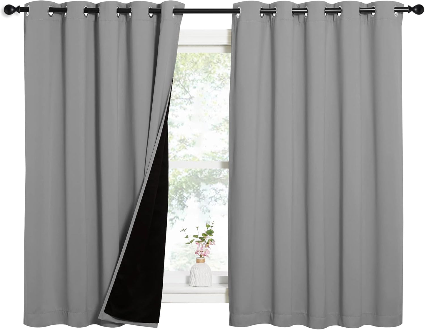 NICETOWN 100% Blackout Curtains with Black Liners, Thermal Insulated Full Blackout 2-Layer Lined Drapes, Energy Efficiency Window Draperies for Bedroom (Silver Grey, 2 Panels, 62-inch W by 63-inch L)