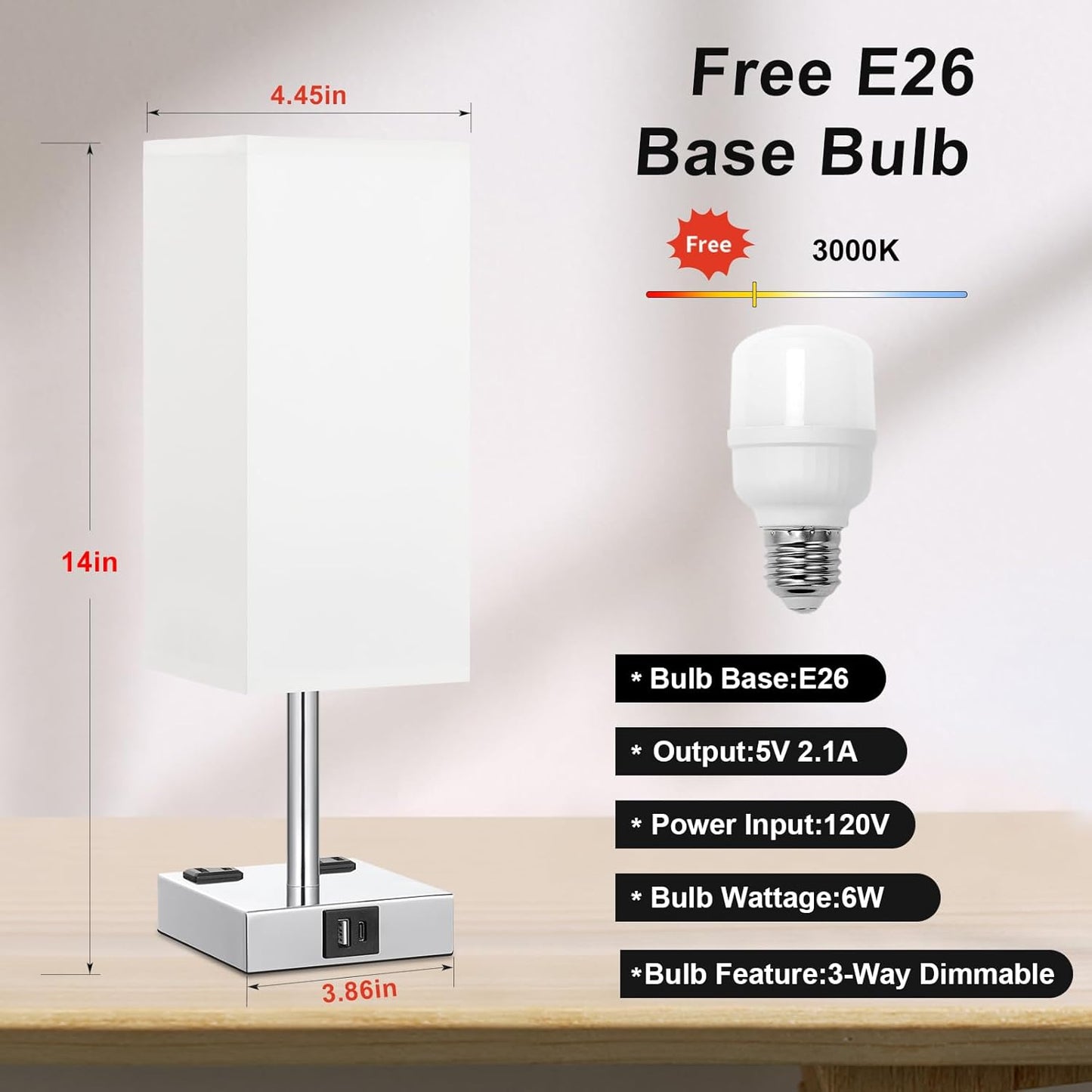 Touch Bedside Table Lamp for Nightstand - 3-Way Dimmable Night Lamp with USB A + Type C Charging Ports and Two AC Outlets, Small Desk Light with E26 LED Bulb for Bedroom Living Room Dorm Office,White