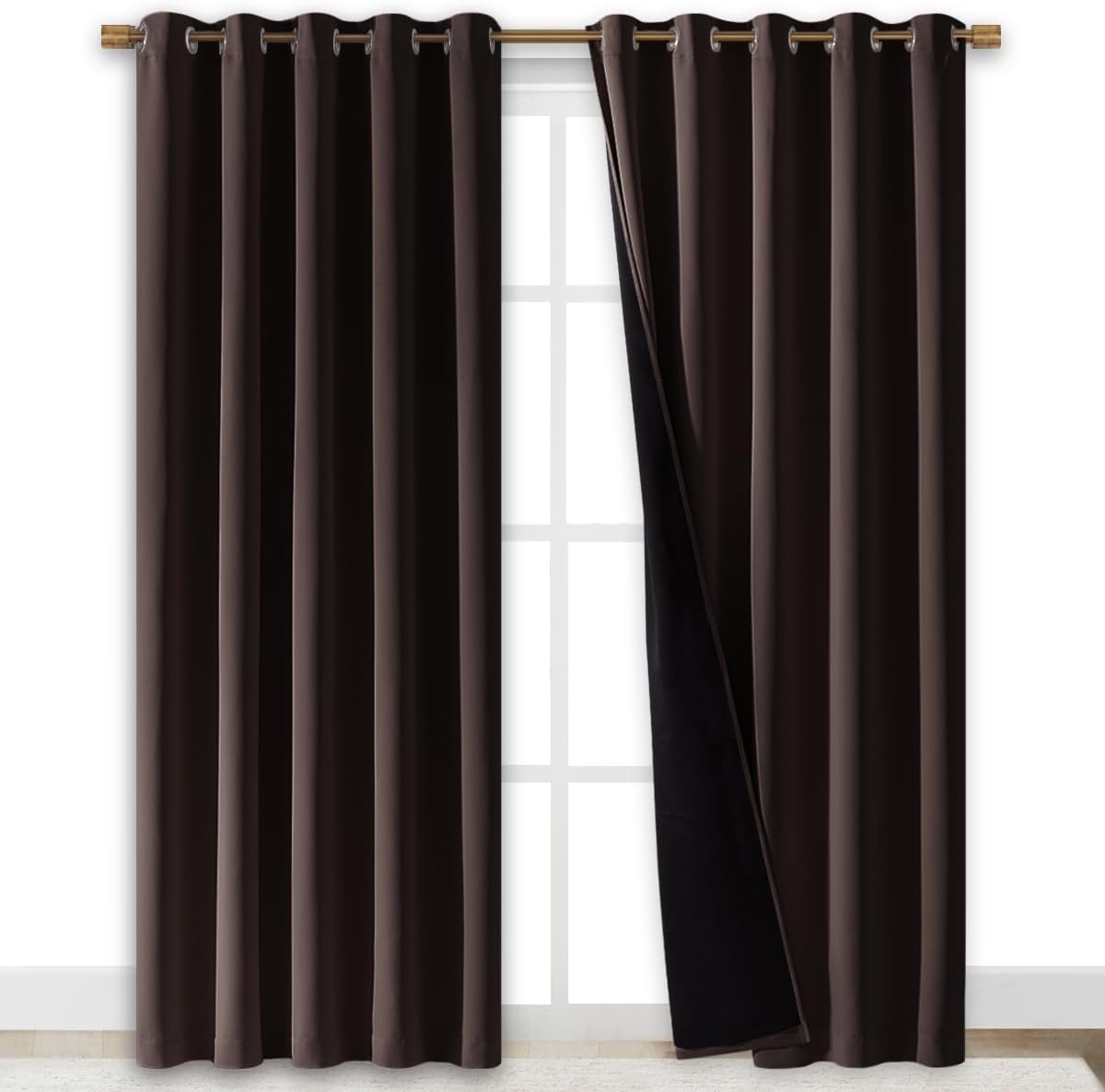 NICETOWN 100% Blackout Window Curtain Panels, Brown, 2 PCs, 62" Wide Each Panel, Cold and Full Light Blocking Drapes with Black Liner for Nursery, 84 inches Drop Thermal Insulated Draperies