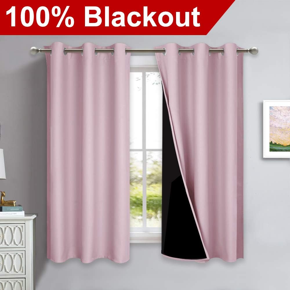 NICETOWN 100% Blackout Room Warming Lined Curtains, Totally Darkness Drapes, Thermal Insulated Drapes for Daughters Nursery (Lavender Pink, 1 Pair, 42 inches Width x 63 inches Length Each Panel)