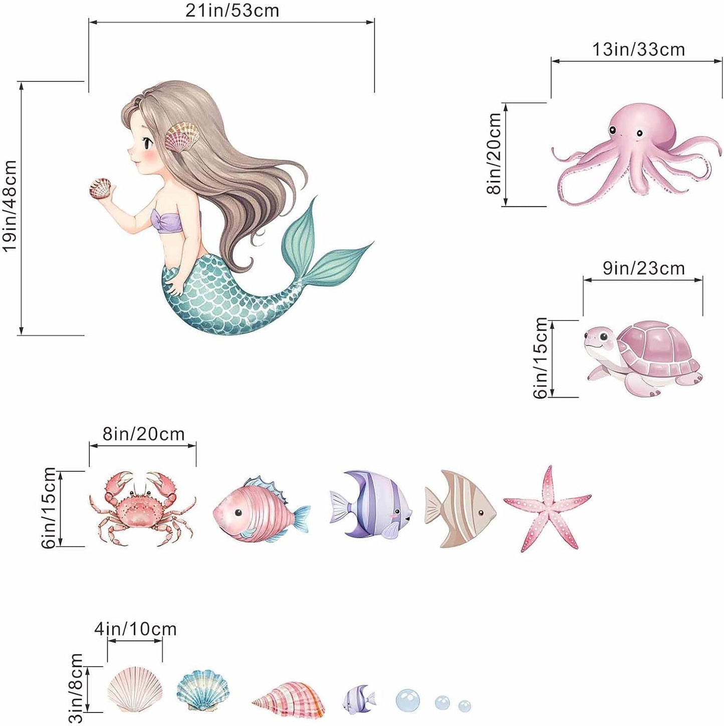 Mermaid Wall Stickers for Girls Bedroom: Peel and Stick Under The Sea Turtle Marine Ocean Fish Starfish Shell Wall Decals - Baby Nursery Girl Room Toddler Room - Kids Supplies Ages 1-12 Year