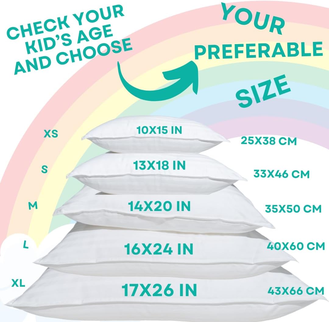 kinder Fluff Toddler Pillows for Bed (2X) - The Only Kids Pillow 300T Cotton Shell & Down Alternative Fill - Travel Pillow for Children Bedding Set Sleeping Pillow Floor Bed Pillows (14x20in - White)