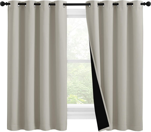 NICETOWN 100% Blackout Curtains 57 inches Long, Double-Deck Completely Blackout Window Treatment Thermal Insulated Lined Drapes for Small Window (Natural, 1 Pair, 55 inches Width Each Panel)