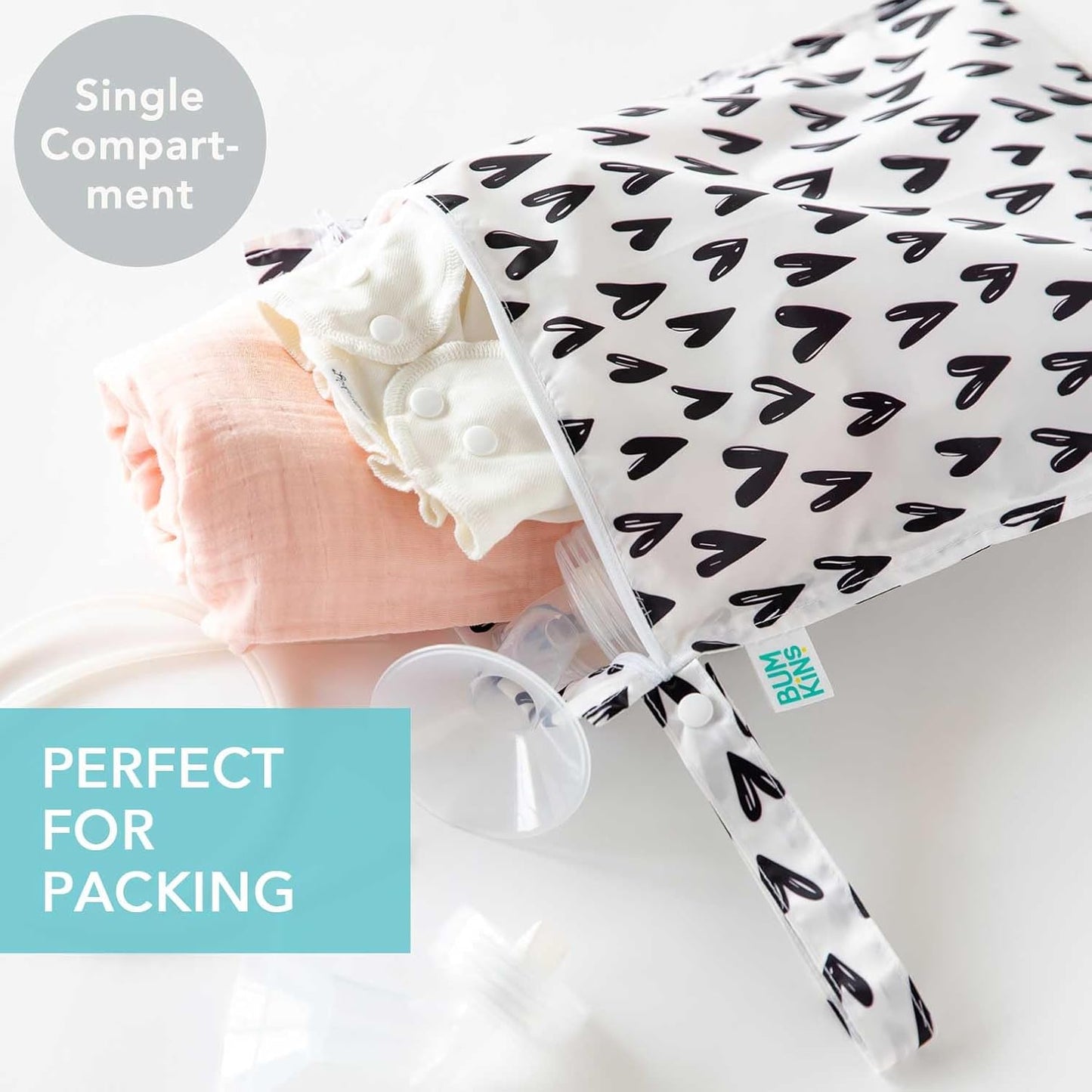 Bumkins - Waterproof Wet Bag - For Baby, Travel, Swim Suit, Cloth Diapers, Pump Parts, Pool, Gym, Toiletry, Strap to Stroller - Reusable & Easy to Clean - 2pk - Hearts & Rainbows