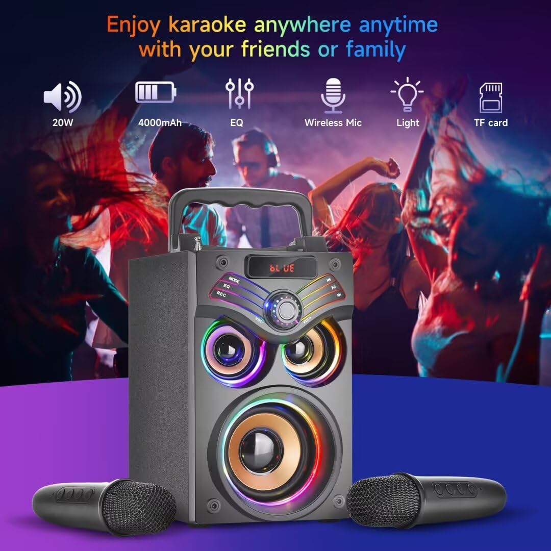 Karaoke Machine,Portable Bluetooth Karaoke Speaker with 2 Wireless Microphone for Adults Kids,with 20W(Peak) Speaker,Handle &RGB Lights,Supports TF Card/USB/Aux in/TWS,for Home,Party