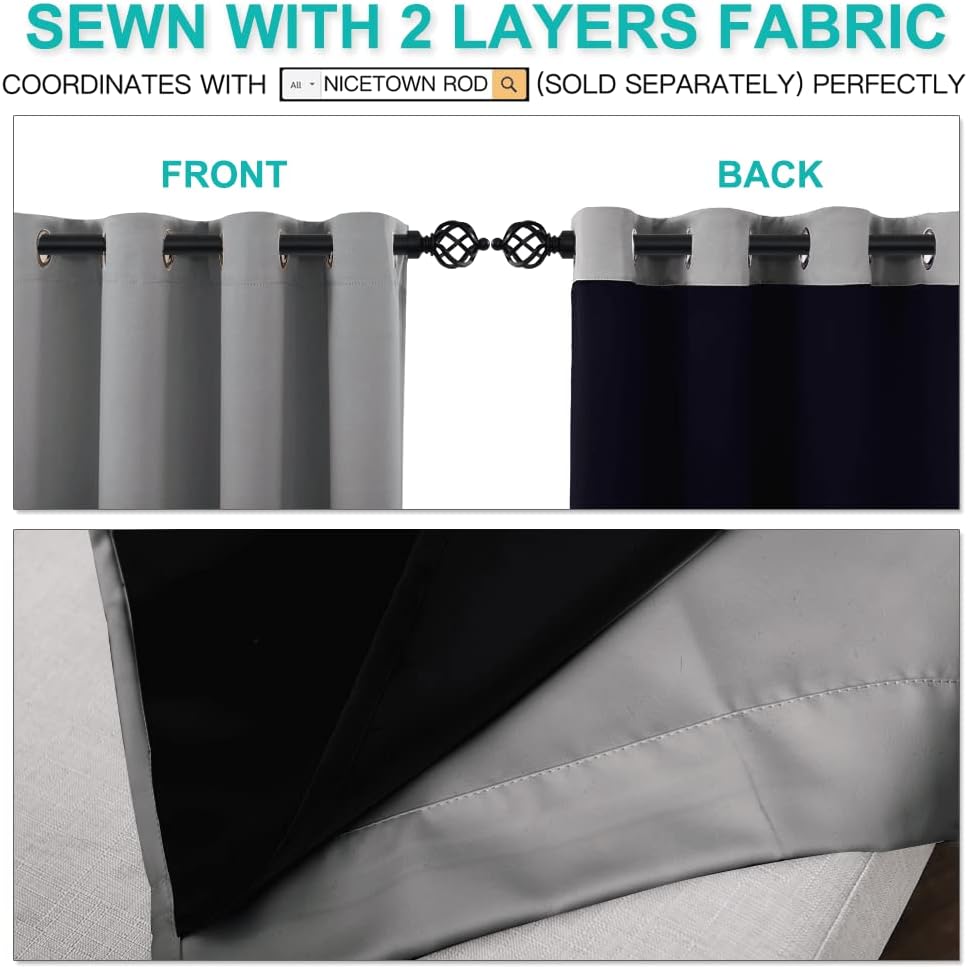 NICETOWN Total Shade Curtains and Draperies, Heavy-Duty Full Light Shading Drapes with Black Liner Backing for Villa/Hall/Dorm Window（Silver Grey, Package of 2 Panels, 70 inches Wide x 95 inches Long