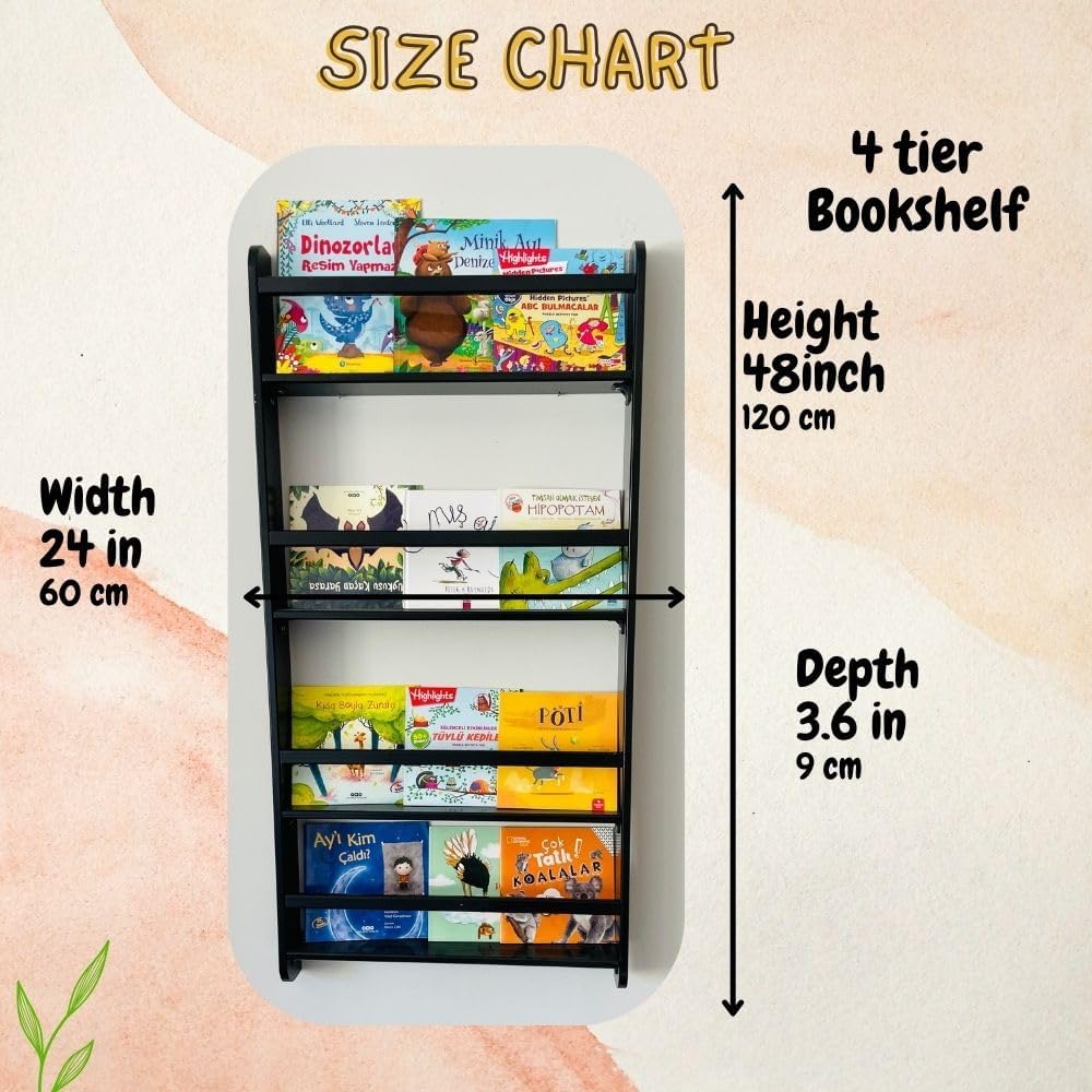 Handmade Solidwood Wall Mounted Montessori Kids Bookshelf, 4 Tier Book Display for Children Bedroom, Nursery Furniture Bookcase, Solid Wood Pine Tree Book Organiser for Living Room (Black)
