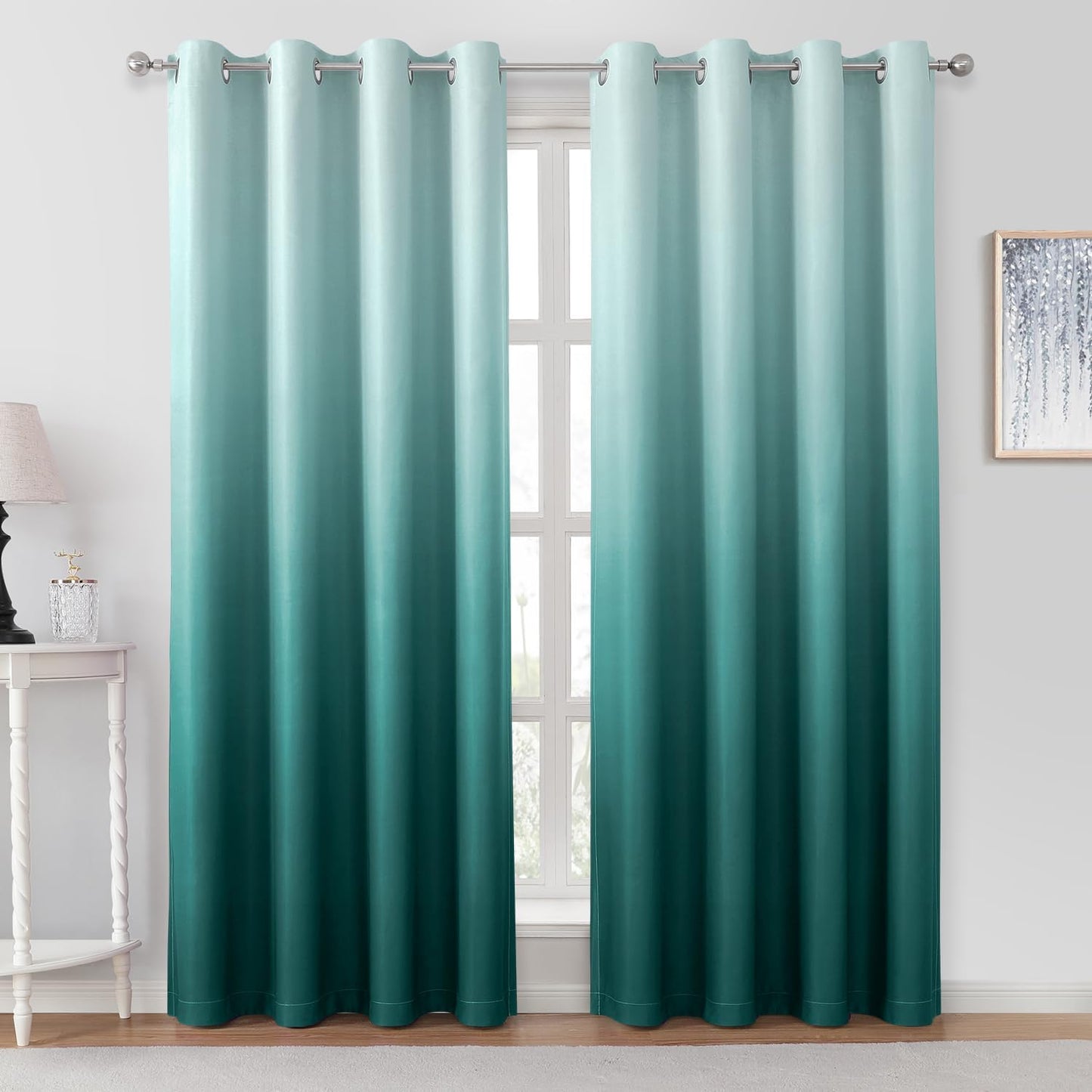 HOMEIDEAS Teal Ombre Blackout Curtains 52 X 84 Inch Length Gradient Room Darkening Thermal Insulated Energy Saving Grommet 2 Panels Window Drapes for Living Room, Bedroom