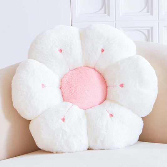 Flower Pillow, Cute Flower Shaped Decorative Pillow, Soft Rabbit Fur Daisy Pillow Home Decor Floor Seating Cushion for Bedroom Living Room (White 14.9 Inch)