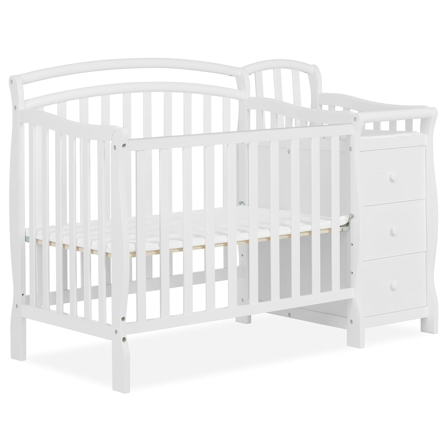 Dream On Me Casco 3-in-1 Mini Convertible Baby Crib & Changer with Storage in White, Pinewood, GreenGuard Gold & JPMA, 1” Mattress Pad, 3 Mattress Heights, Converts to Mini Day & Twin-Size Bed