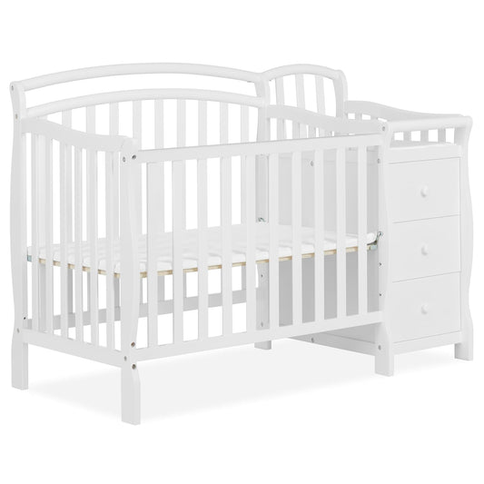 Dream On Me Casco 3-in-1 Mini Convertible Baby Crib & Changer with Storage in White, Pinewood, GreenGuard Gold & JPMA, 1” Mattress Pad, 3 Mattress Heights, Converts to Mini Day & Twin-Size Bed