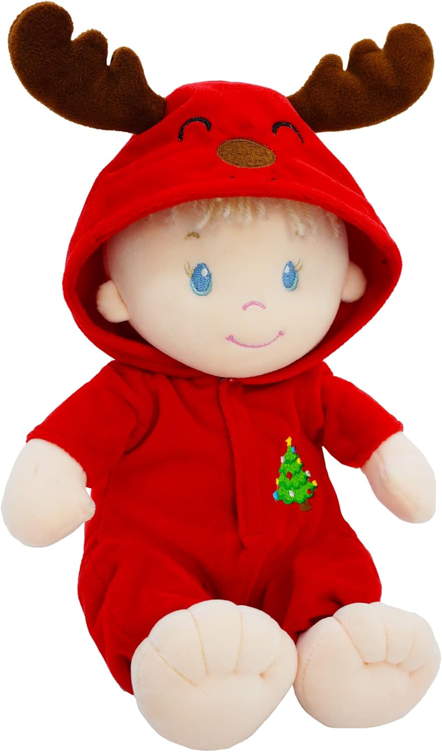 June Garden 12" Sweet Dolly Dasher - Stuffed Ultra Soft Baby Reindeer Doll for Birth and Up - Removable Red Outfit