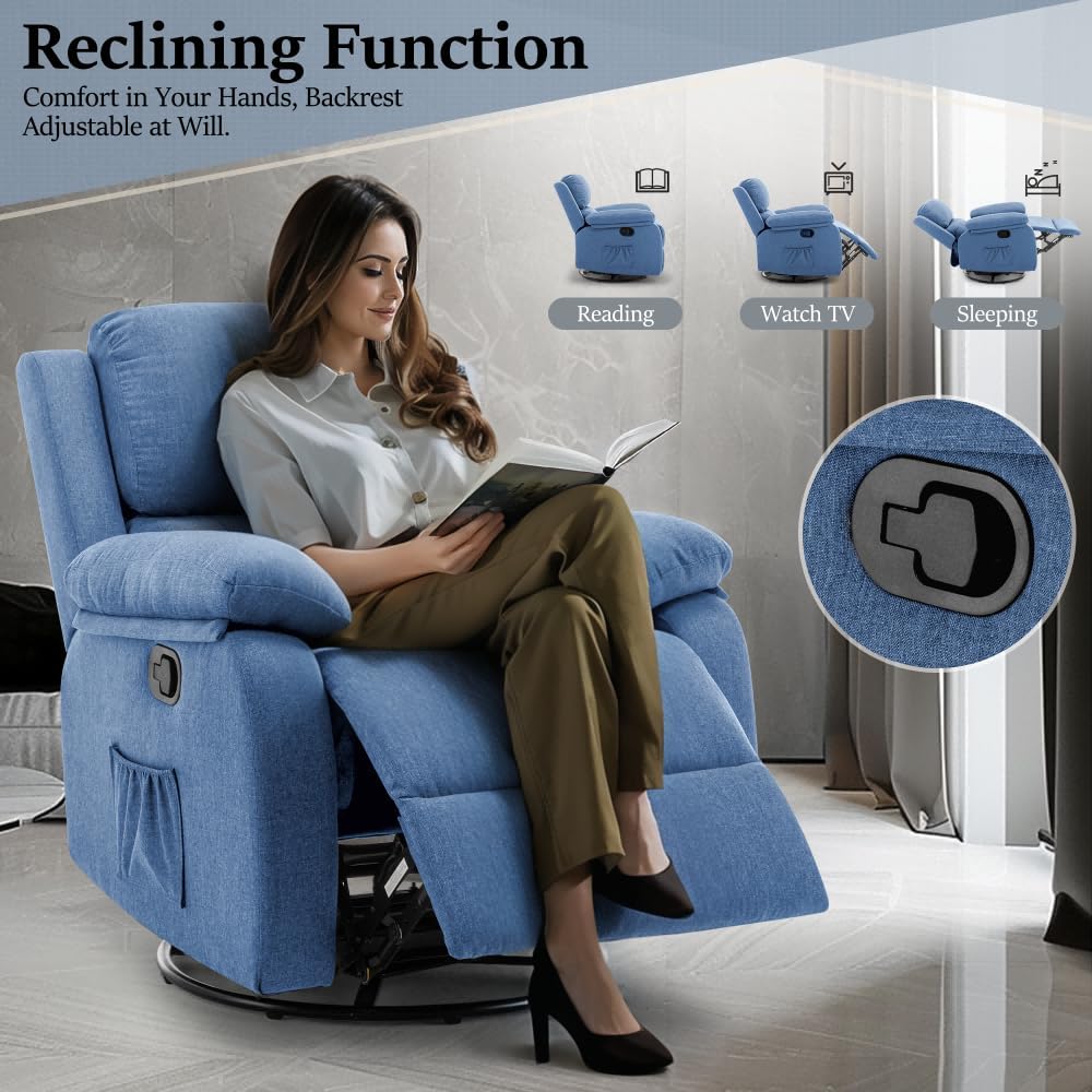 Recliner Chair, 360 Swivel Rocker Chair for Adults, Small Rocking Recliner Chair for Small Spaces, Upholstered Fabric Glider Recliner Nursery Chair with Side Pockets for Living Room, Nursery