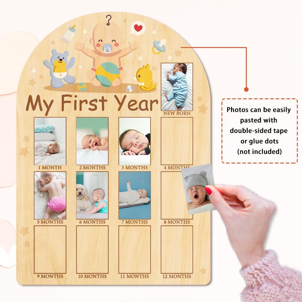 ORIGACH My First Year Baby Growth Photo Display Wood Board - 12 Months Newborn Milestones Photo Board - Neutral Baby Keepsake Frame 1st Birthday Party Nursery Decor New Mom Gift - Baby Bear & Duck