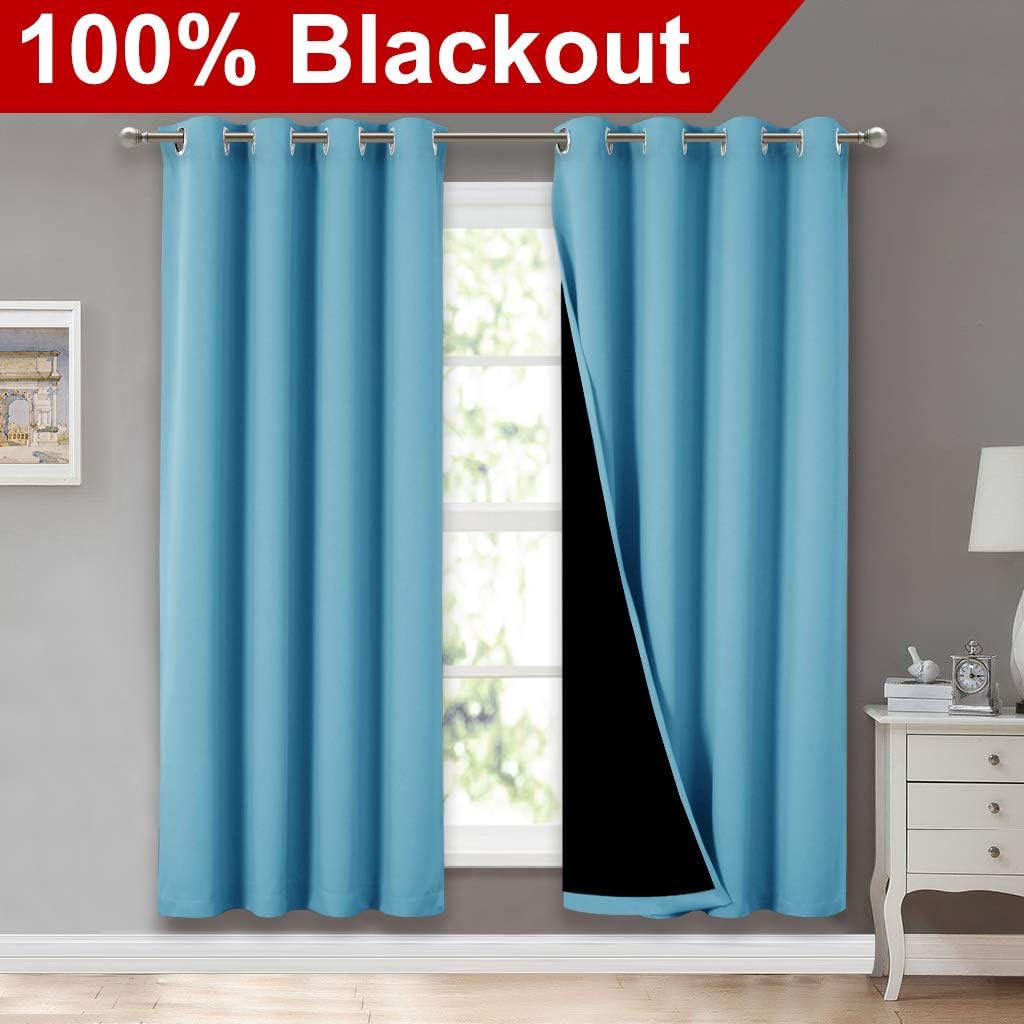 NICETOWN Full Shade Curtain Panels 72 inches Long, Pair of Energy Smart & Noise Blocking Out Blackout Drapes for Guest Room Window, Thermal Insulated Lined Window Dressing(Light Blue, 52 inch)