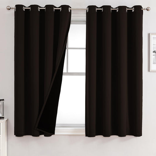 ChrisDowa 100% Blackout Curtains for Bedroom with Black Liner, 2 Thick Layers Total Blackout Thermal Insulated Grommet Window Curtains 2 Panels Set (Brown, 52 x 45 Inch)