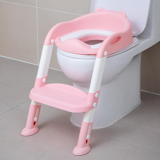 Potty Training Toilet Chair Seat with Step Stool Ladder for Kids and Toddler Boys Girls - Foldable Height Adjustable Children Toilet Training Seat with Safe Handles & Anti-Slip Pads, White-Pink