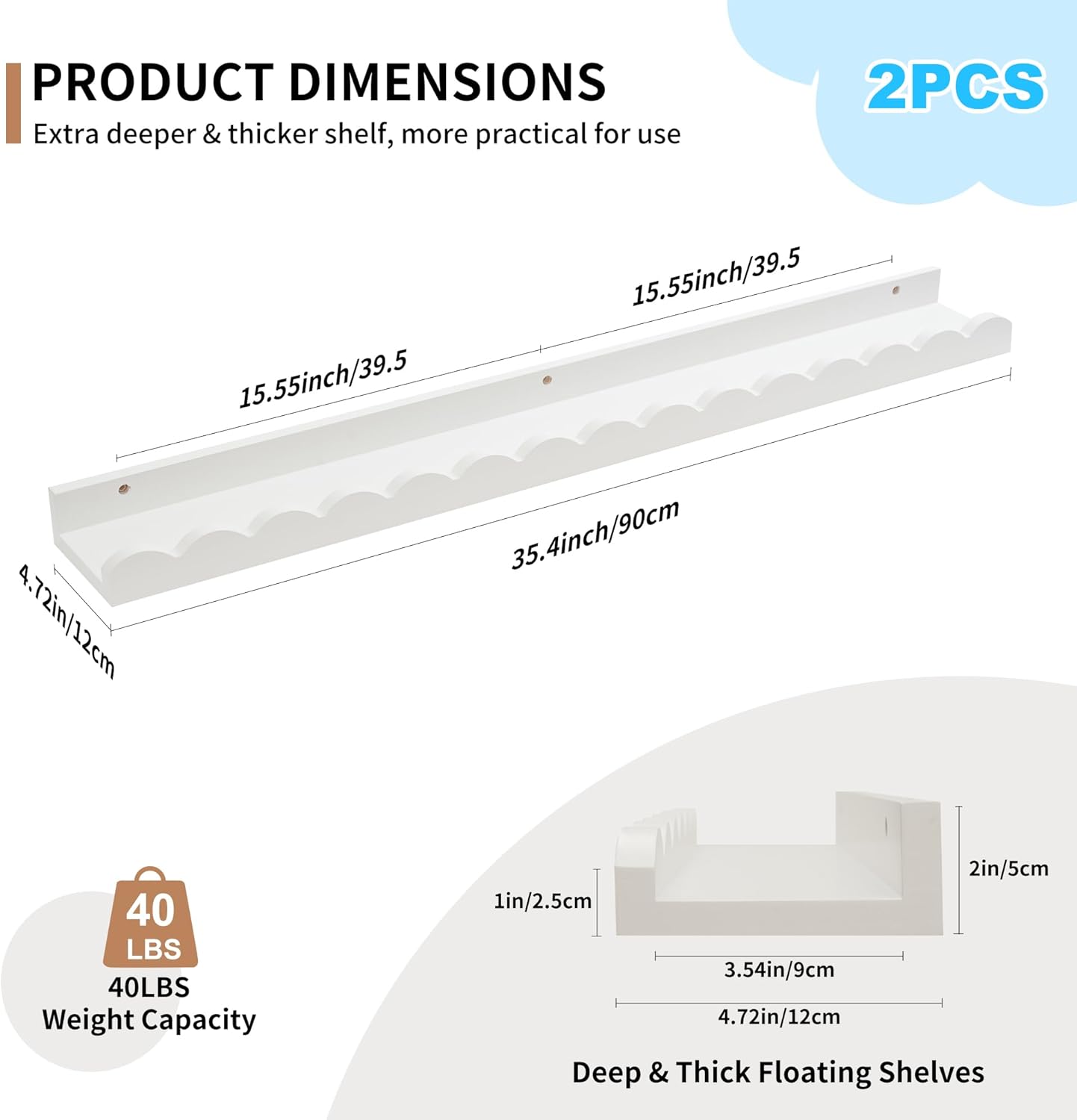 Nursery Book Shelves, Scalloped Floating Shelves Set of 2 Solid Pine Wood Wall Mounted Bookshelf with Wave Lip for Bedroom Kids, Toddler Room, Baby Room White 36inch
