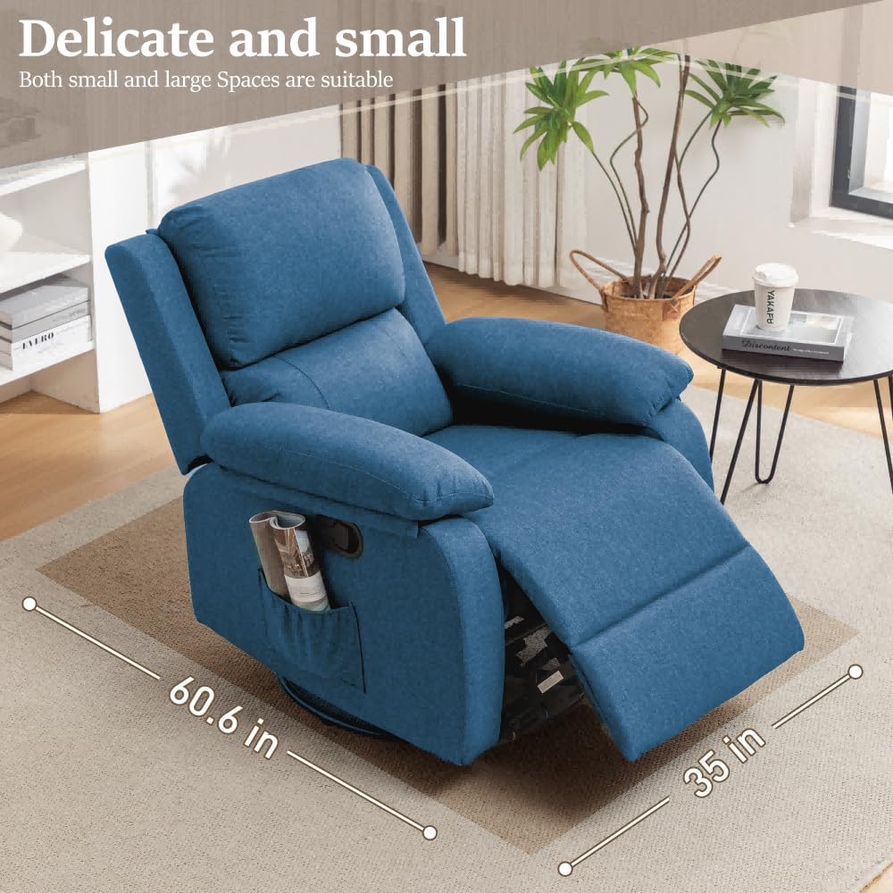 Recliner Chair, 360 Swivel Rocker Chair for Adults, Small Rocking Recliner Chair for Small Spaces, Upholstered Fabric Glider Recliner Nursery Chair with Side Pockets for Living Room, Nursery