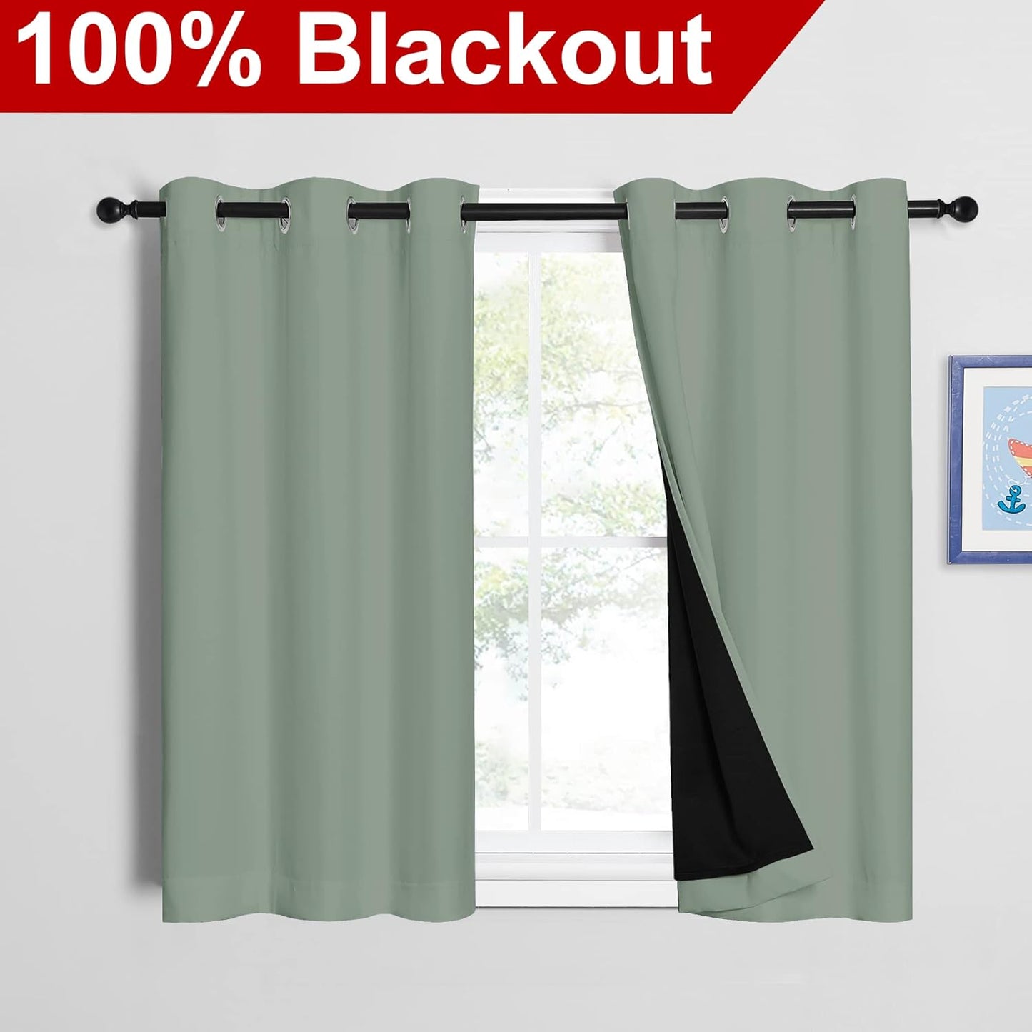 NICETOWN Greyish Green 100% Blackout Curtains 45 inches Long, 2 Thick Layers Completely Blackout Window Treatment Thermal Insulated Lined Drapes for Small Window (1 Pair, 42 inches Width Each Panel)