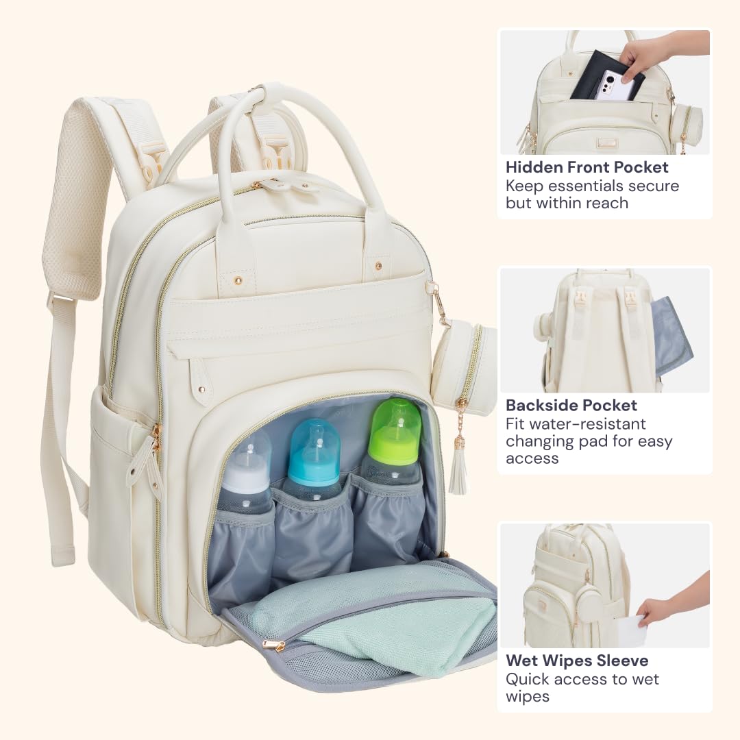 BabbleRoo Leather Diaper Bag Backpack - Baby Essentials Travel Baby Bag, Multi function, Waterproof, with Changing Pad, Stroller Straps & Pacifier Case – Unisex, Eggshell White