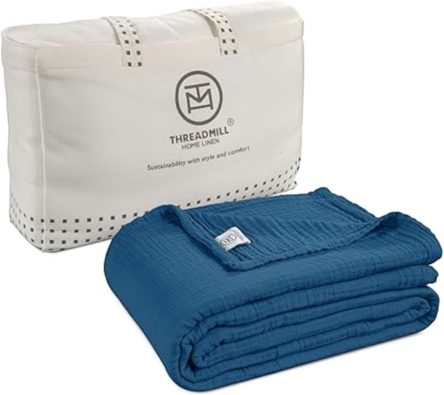 Threadmill Muslin Blanket for Queen Size Bed | 4 Layer 100% Cotton Gauze | Soft, Lightweight, and Cozy for All Seasons | Lightweight Summer Blanket | Folkstone Blue