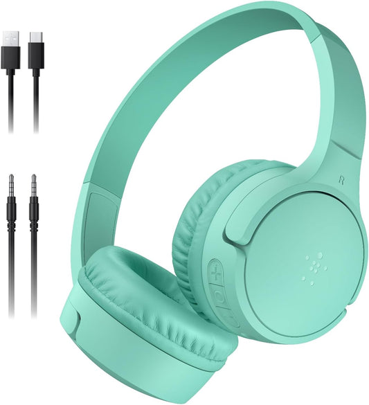 Belkin SoundForm Mini - Wireless Bluetooth Headphones for Kids with 30H Battery Life, 85dB Safe Volume Limit, Built-in Microphone - Kids On-Ear Earphones for iPhone, iPad, Fire Tablet & More - Mint