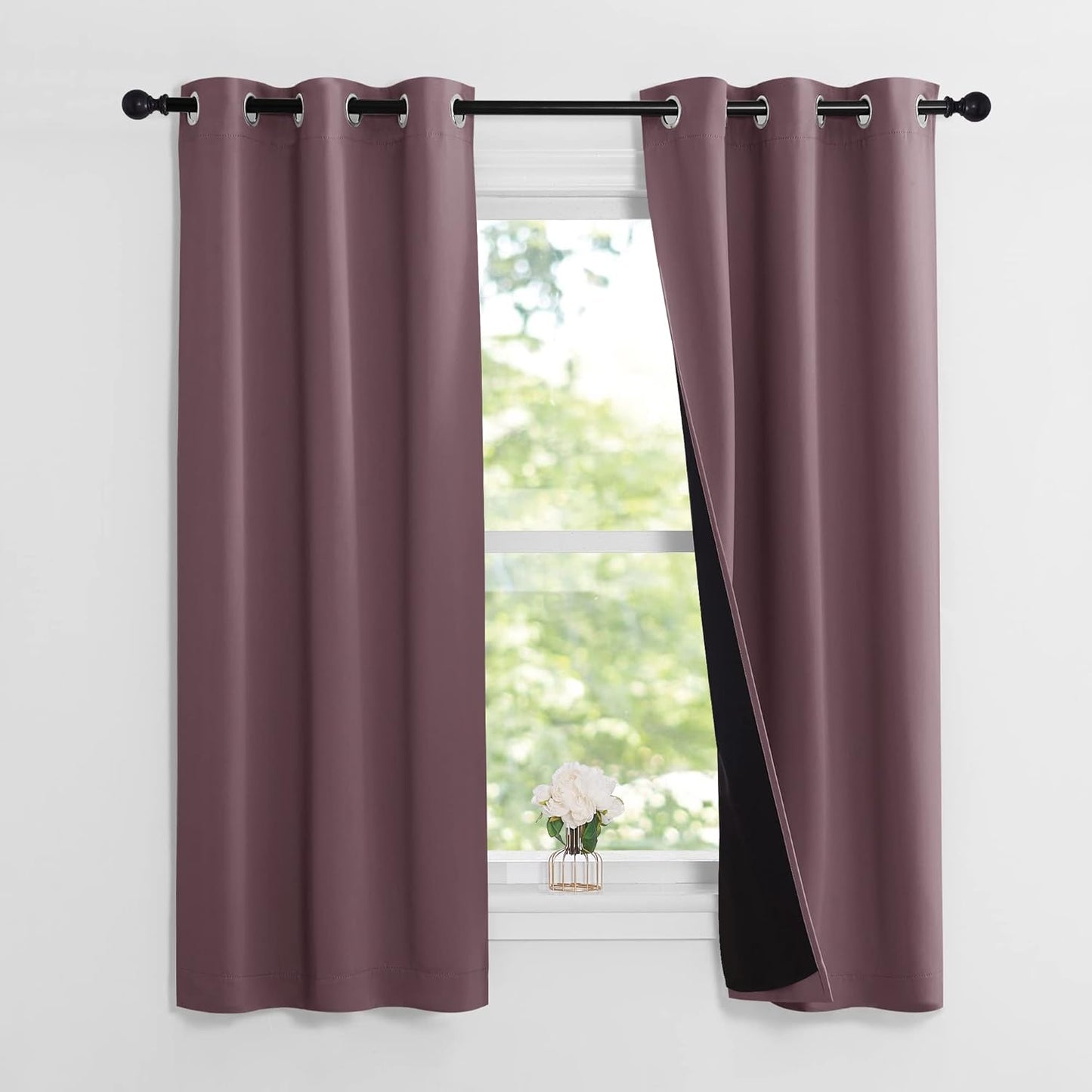 NICETOWN Dry Rose 100% Blackout Lined Curtains, 2 Thick Layers Narrow Wide Window Treatment Panels Thermal Insulated Drapes for Kitchen Small Window (1 Pair, 37" Width x 63" Length Each Panel)