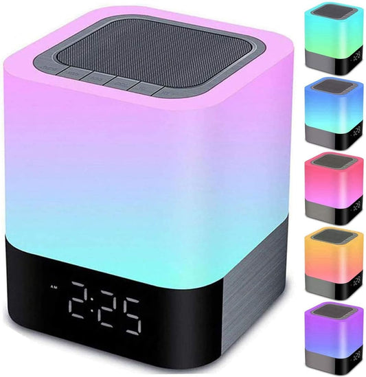 Night Lights Bluetooth Speaker, Alarm Clock Touch Sensor Dimmable Multi-Color Changing Bedside Lamp, MP3 Player, Wireless