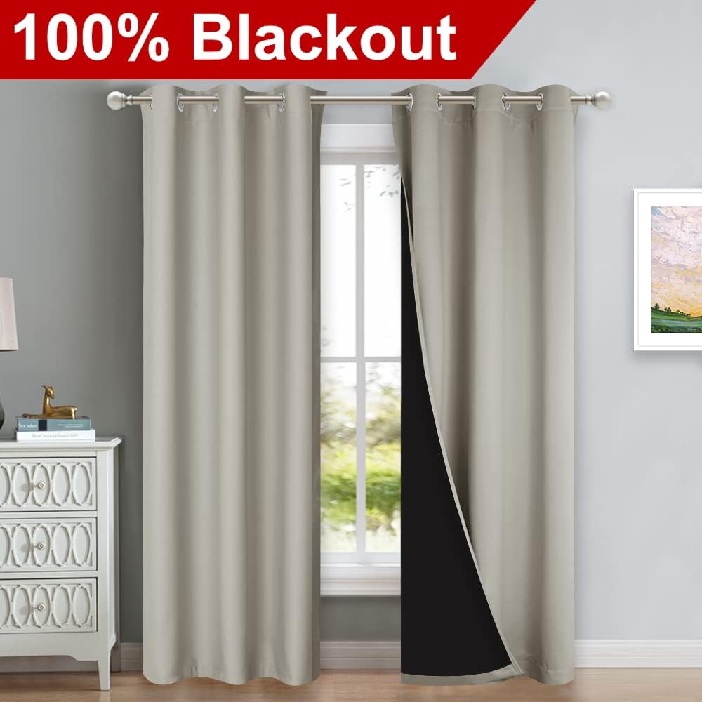 NICETOWN Natural Blackout Curtains 80 inches Long, Full Light Blocking Drapes with Black Liner for Nursery, Thermal Insulated Draperies for Hall, Villa (2 Pieces, 42" Wide Each Panel, Natural)