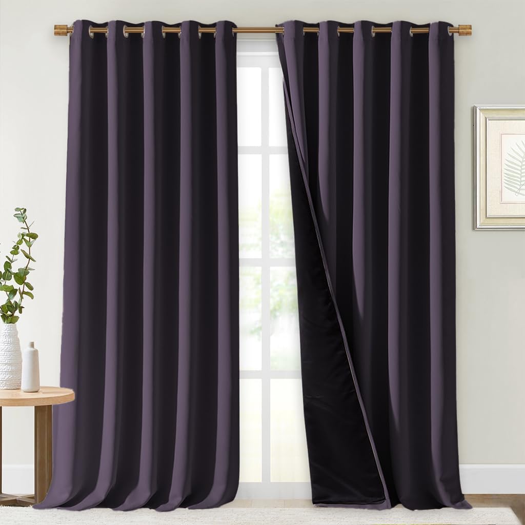 NICETOWN 100% Blackout Curtains for Windows, Pack of 2, 70" W x 108" L, Greyish Purple, Super Heavy-Duty Black Lined Total Darkness Drapes for Bedroom, Privacy Assured Window Treatment for Patio