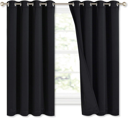 NICETOWN Complete 100% Blackout Curtains, Thermal Insulated Energy Efficiency Window Draperies with Black Liner, Noise Reducing Short Curtains for Kids Room (Black, 52-inch W by 63-inch L, 2 Panels)