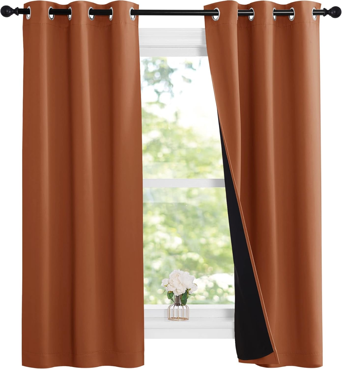 NICETOWN Burnt Orange 100% Blackout Lined Curtains, 2 Thick Layers Narrow Wide Window Treatment Panels Thermal Insulated Drapes for Kitchen Small Window (1 Pair, 37" Width x 63" Length Each Panel)