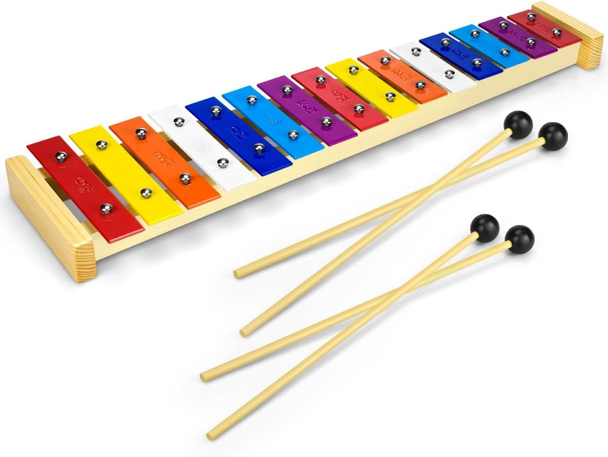 15 Tone Natural Wooden Xylophone Glockenspiel for Kids Toddler with Multi-Colored Metal Bars, Music Instrument for Preschool Educational Learning Toys for Children Boys Girls