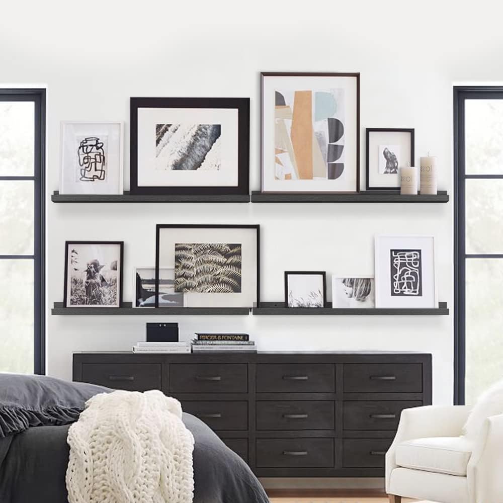 Forbena Black Photo Picture Ledge Shelf Set of 4, 36 Inch Floating Shelves with Lip for Wall, Narrow Wood Wall Shelf for Living Room Bedroom Office Album Frames Classroom Library, Conn 2 as 72 In Long