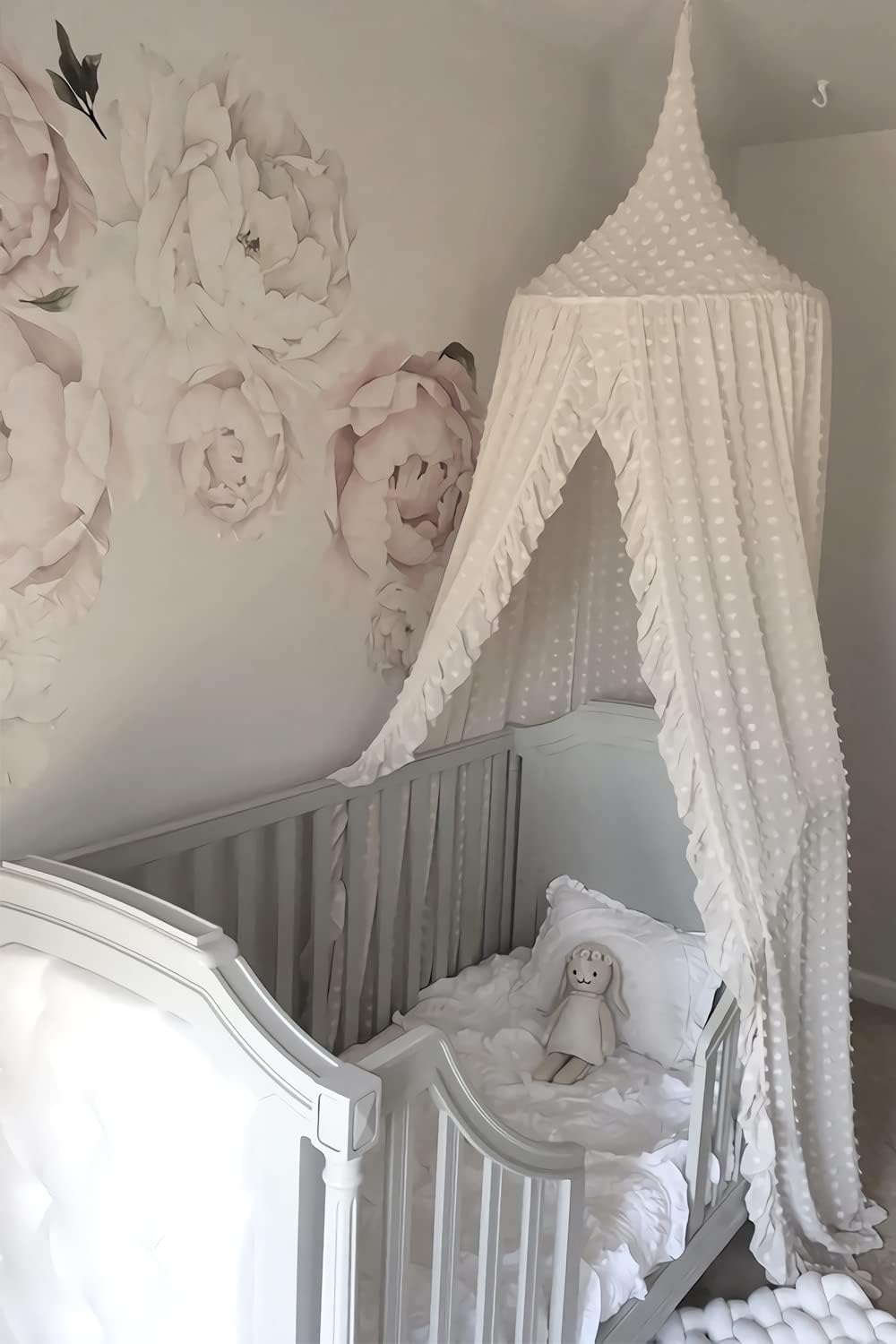 Wonder Space Elegant Kids Bed Canopy - Lace Chiffon Netting with Pom Pom, Princess Girls Fairy Dream Tent, Nursery Room Baby Crib Hanging Curtain Mosquito Net Children Reading Nook Decoration (White)