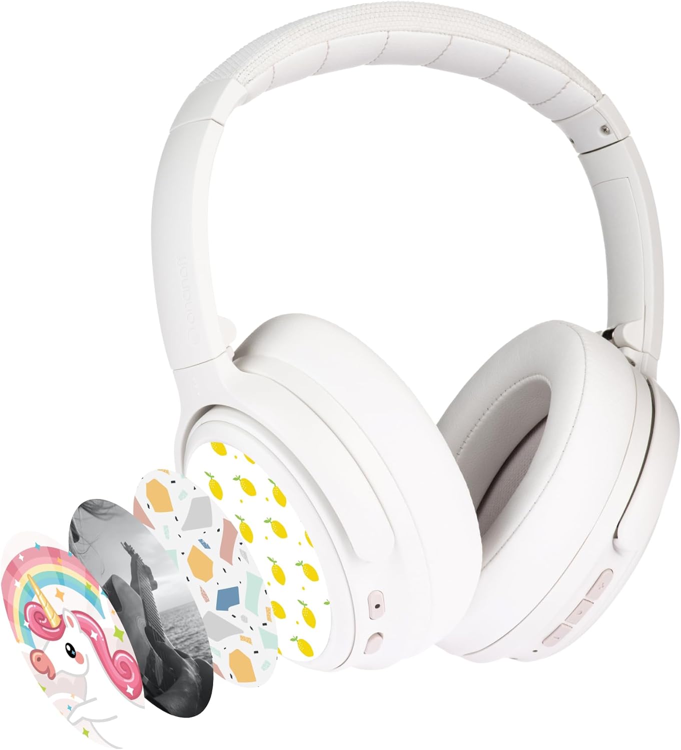 BuddyPhones Cosmos Fun | Wired or Wireless Foldable ANC Bluetooth Headphones + Microphone - SafeAudio Volume-Limiting Options, for Toddlers to Young Adults (White)