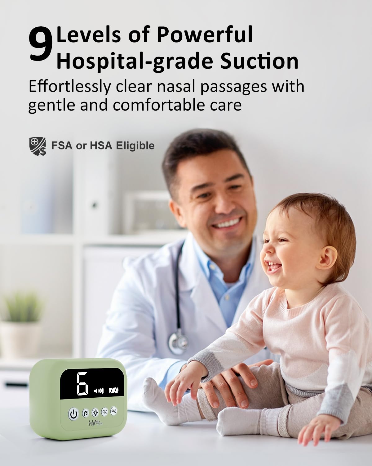 HEYVALUE Nasal Aspirator for Baby, Hospital Grade Nose Sucker with 9 Levels Suction, Night Light and Nursery Rhyme Soothing, Electric Nose Suction for Baby with Food-Grade Silicone Tips Green