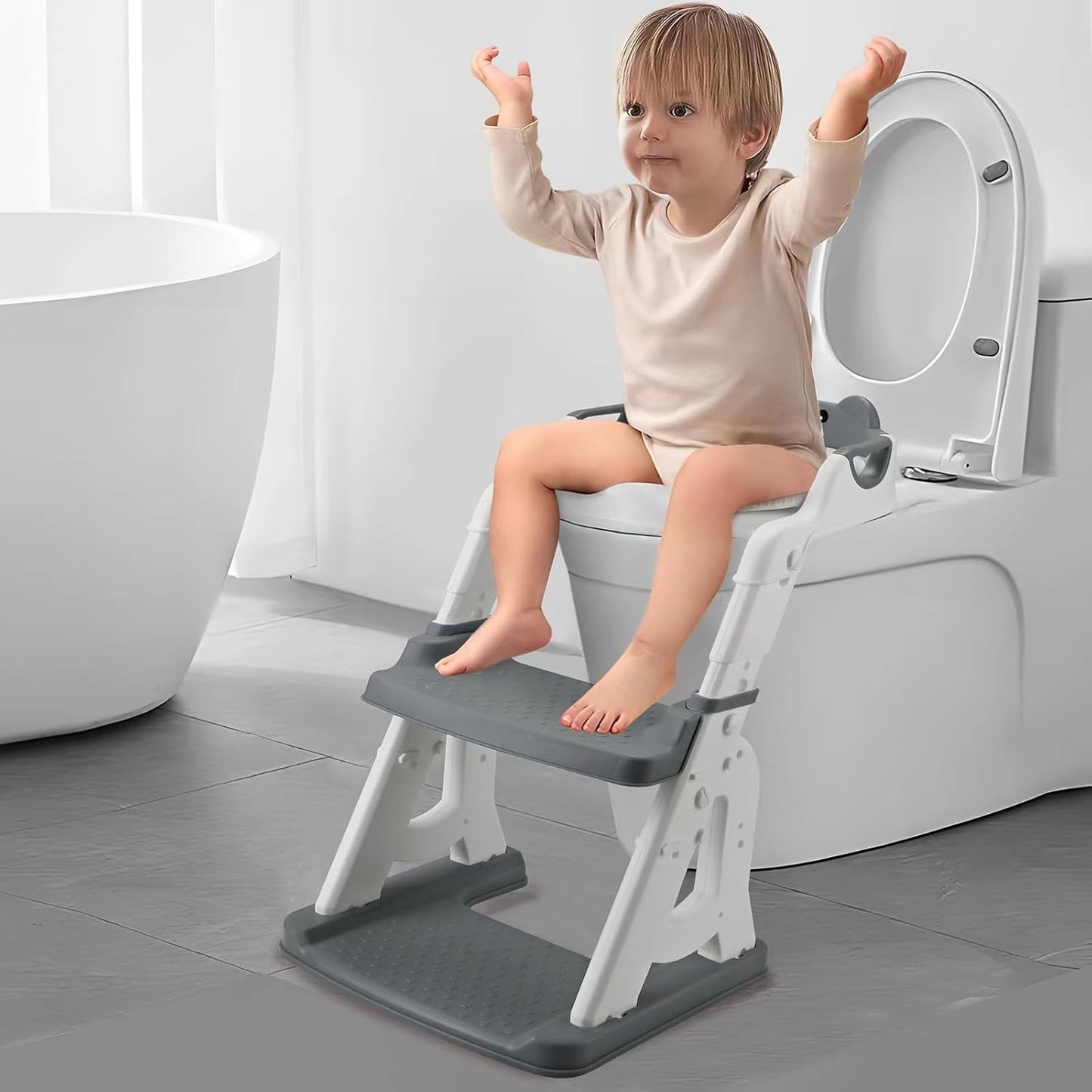 PandaEar Potty Training Seat with Step Stool Ladder, Toddler Toilet Seat for Kids Boys Girls, Comfortable Safe Potty Seat with Anti-Slip Pads Ladder & Bear Design -Grey