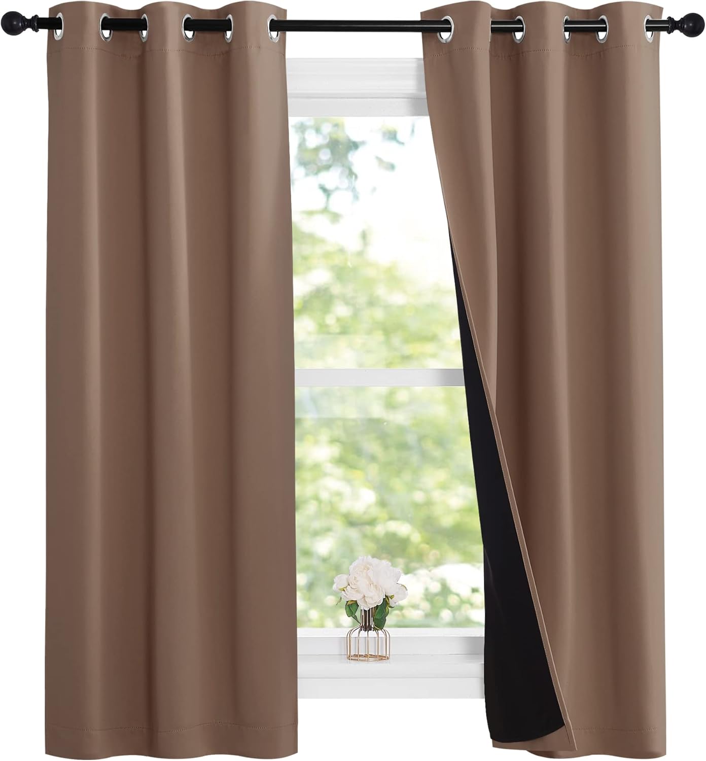 NICETOWN Cappucciono Kitchen Full Blackout Short Curtain Panels, Super Thick Insulated Window Covers, Keeping Out Cold Air and Heat 100% Blackout Blinds with Black Liner (Set of 2, 37 by 63-inch)