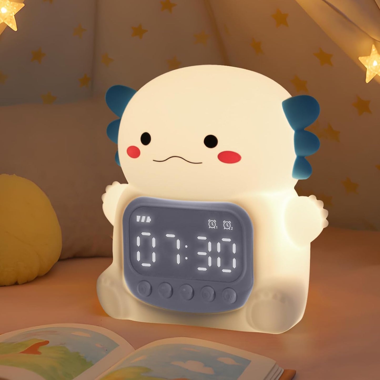 Axolotl Alarm Clock with Night Light for Kids, Rechargeable Silicone Lamp Time to Wake Clock Cute Animal Tabletop Lamp, Perfect Sleep Companion for Boys Girls, White