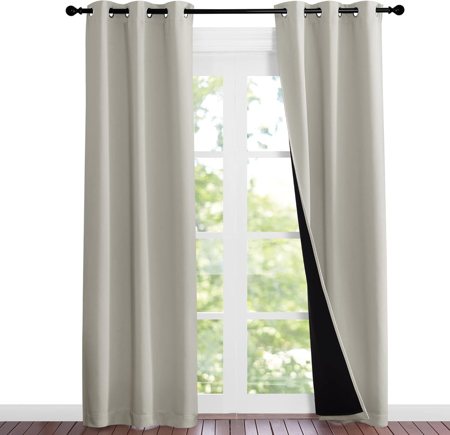 NICETOWN Natural Blackout Curtains 84 inches Long, Full Light Blocking Drapes with Black Liner, Noise Reducing Thermal Insulated Draperies for Doorway Nursery (2 Pieces, 37-inch Wide Each Panel)
