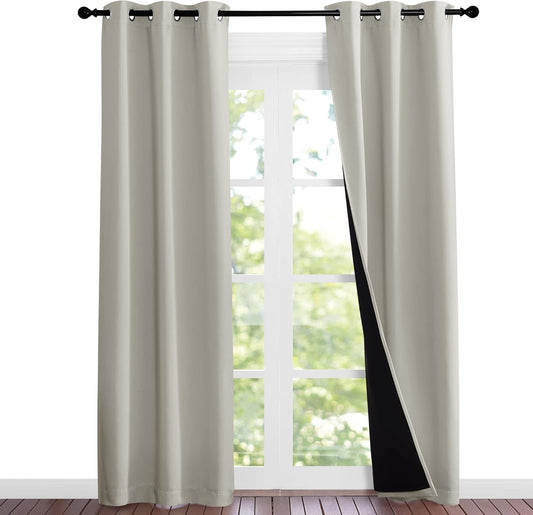 NICETOWN Natural Blackout Curtains 84 inches Long, Full Light Blocking Drapes with Black Liner, Noise Reducing Thermal Insulated Draperies for Doorway Nursery (2 Pieces, 37-inch Wide Each Panel)
