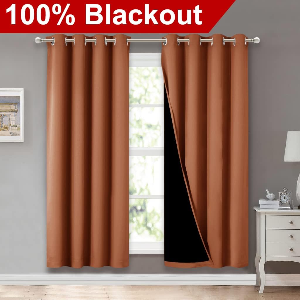 NICETOWN 100% Blackout Window Curtain Panels, Full Light Blocking Drapes with Black Liner for Nursery, 72-inch Drop Thermal Insulated Draperies (Burnt Orange, 2 Pieces, 52-inch Wide Per Panel)