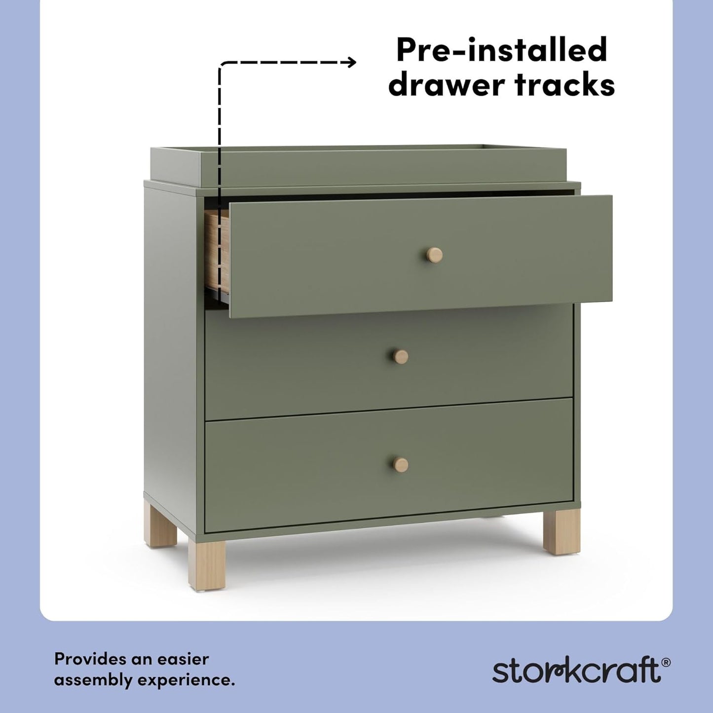 Storkcraft California 3-Drawer Chest with Removable Changing Topper (Olive with Driftwood) – GREENGUARD Gold Certified, Interlocking Drawer System, Pre-Installed Tracks, Easy Assembly
