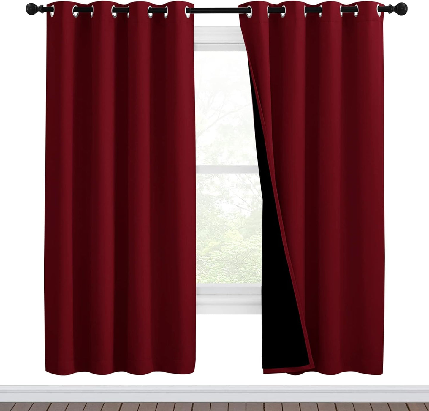 NICETOWN Living Room Completely Shaded Draperies, Privacy Protection & Noise Reducing Ring Top Drapes, Black Lined Insulated Window Treatment Curtain Panels(Burgundy Red, 2 Pieces, W46 x L72)