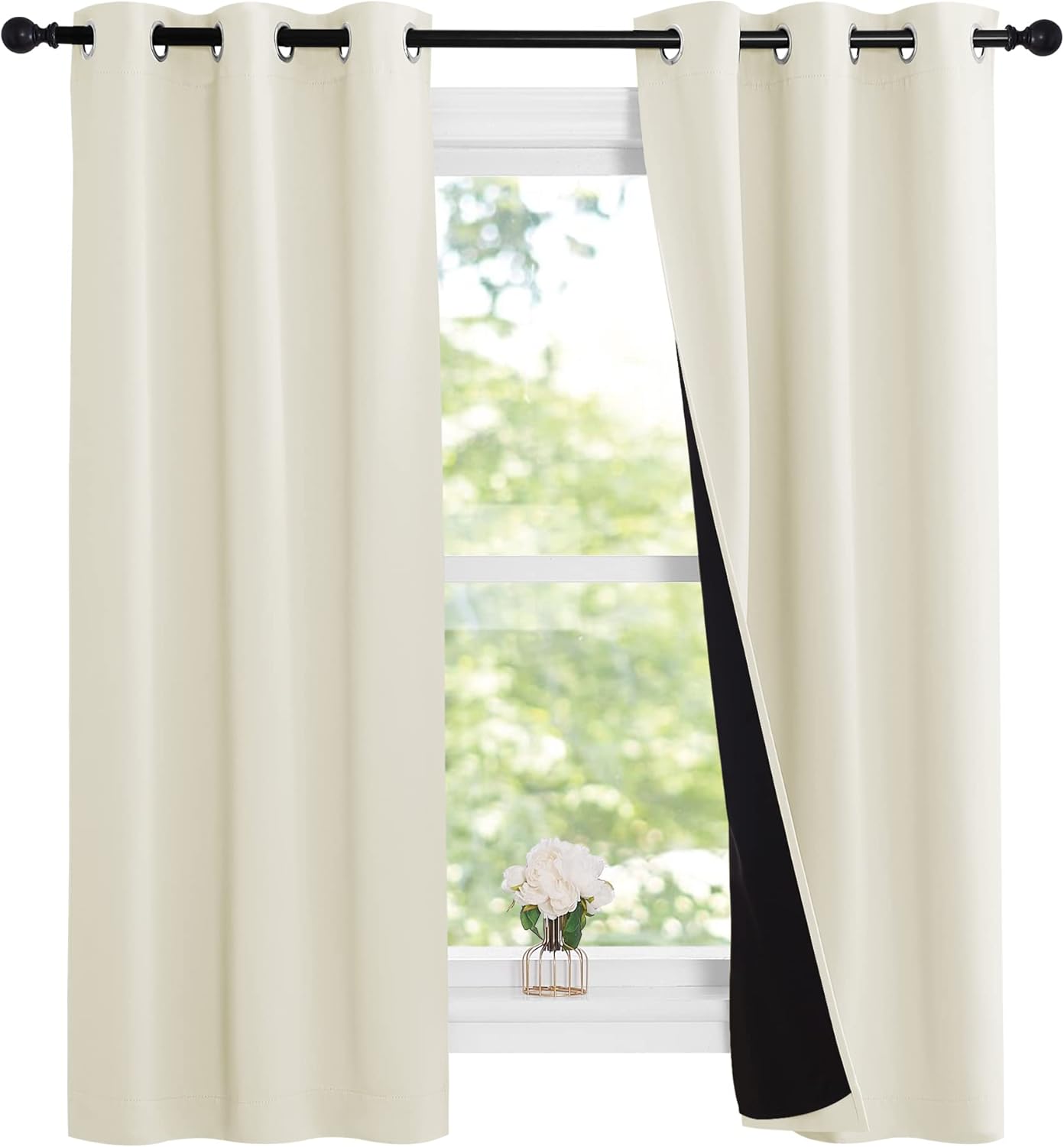NICETOWN Cold Reducing Curtains, Kitchen Short Full Blackout Curtain Panels, Great Job for Blocking Light, Complete Blackout Draperies with Black Liner for Night Shift (Beige, Set of 2, 37 by 63-inch)